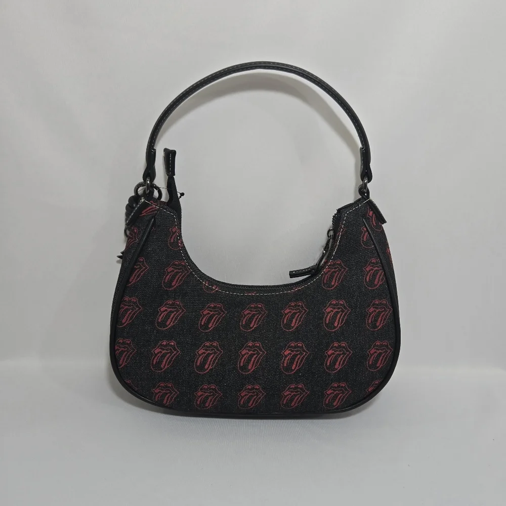 The Rolling Stones All-Over Tongue Logo Black Denim Small Hobo Bag
